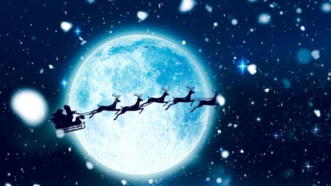 Schnee-Fällt-über-Den-Weihnachtsmann-Im-Schlitten,-Der-Von-Rentieren-Gegen-Den-Mond-Am-Nachthimmel-Gezogen-Wird