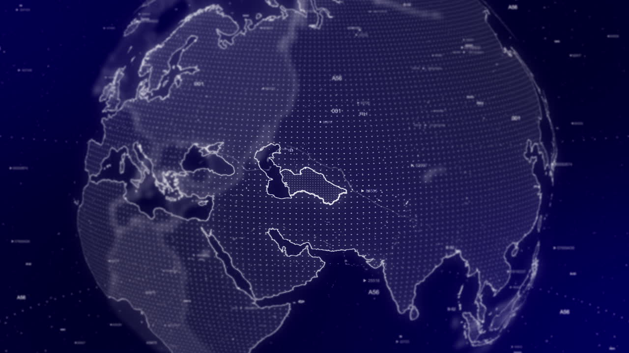 영화적 인 비디오 배경 은 투르크메니스탄 나라 를 확대 하여 회전 하는 디지털 지구 를 보여 줍니다