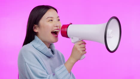 Megaphone,-speaker-and-woman-with-news