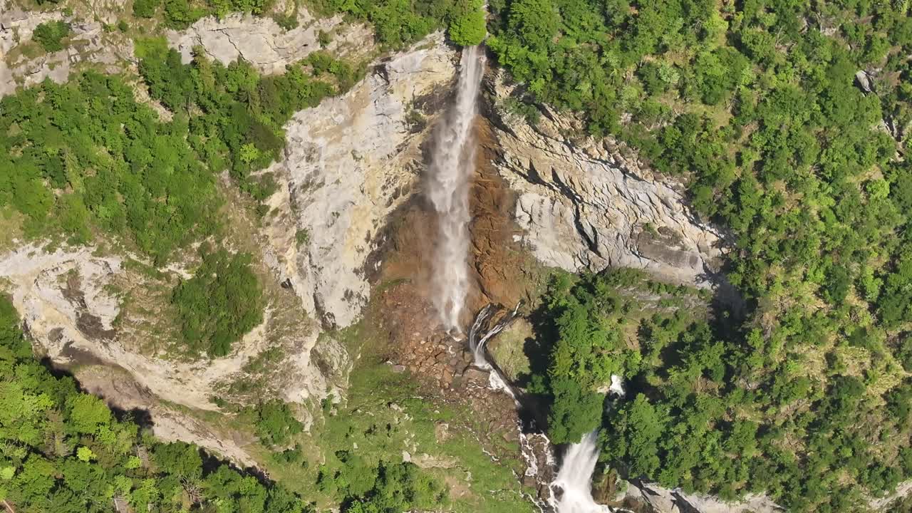 Seerenbachfälle waterfalls in Amden, Betlis, Switzerland drone view, lush green cliffs, tall cascades and serene alpine beauty