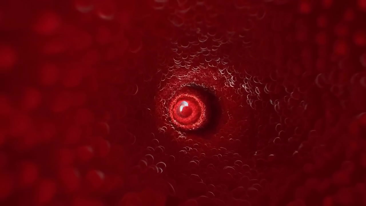 Dramatic abstract red scene with a bright circular center, translucent layered textures, and floating particles creating a deep surreal sense of motion, depth