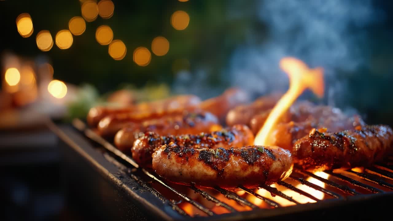 Salsicce sfrigolanti sulla griglia: un'accattivante grigliata serale con fiamme e aromi che evidenziano le salsicce cotte alla perfezione per incontri estivi.