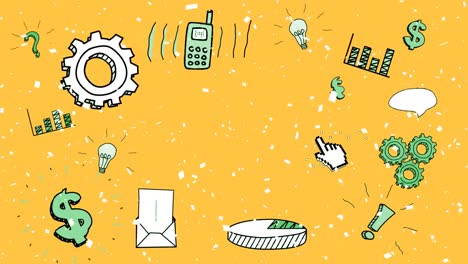 animación digital de confeti que cae sobre varios iconos de conceptos de negocios sobre un fondo amarillo