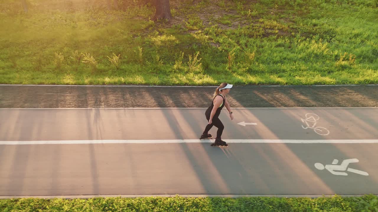 공원 에서 롤러 스케이트 를 타고 있는 여자