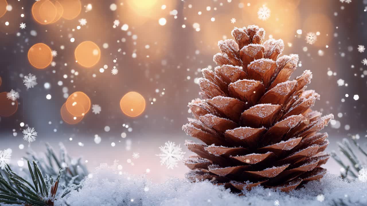 A pine cone is covered in snow and is sitting on the ground. The scene is set in a winter landscape with snow covering the ground