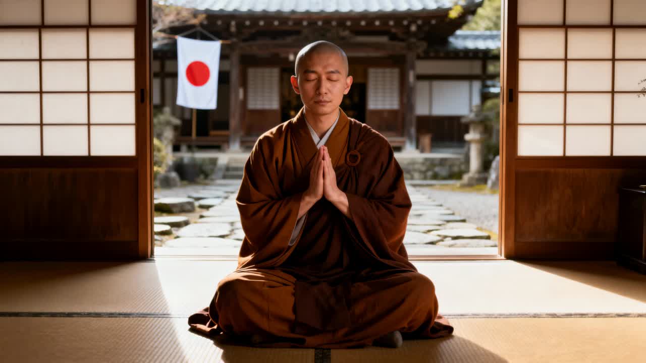 Một nhà sư trọc đầu mặc áo nâu đang bắt đầu tụng kinh buổi sáng trên chiếu tatami, cờ hinomaru