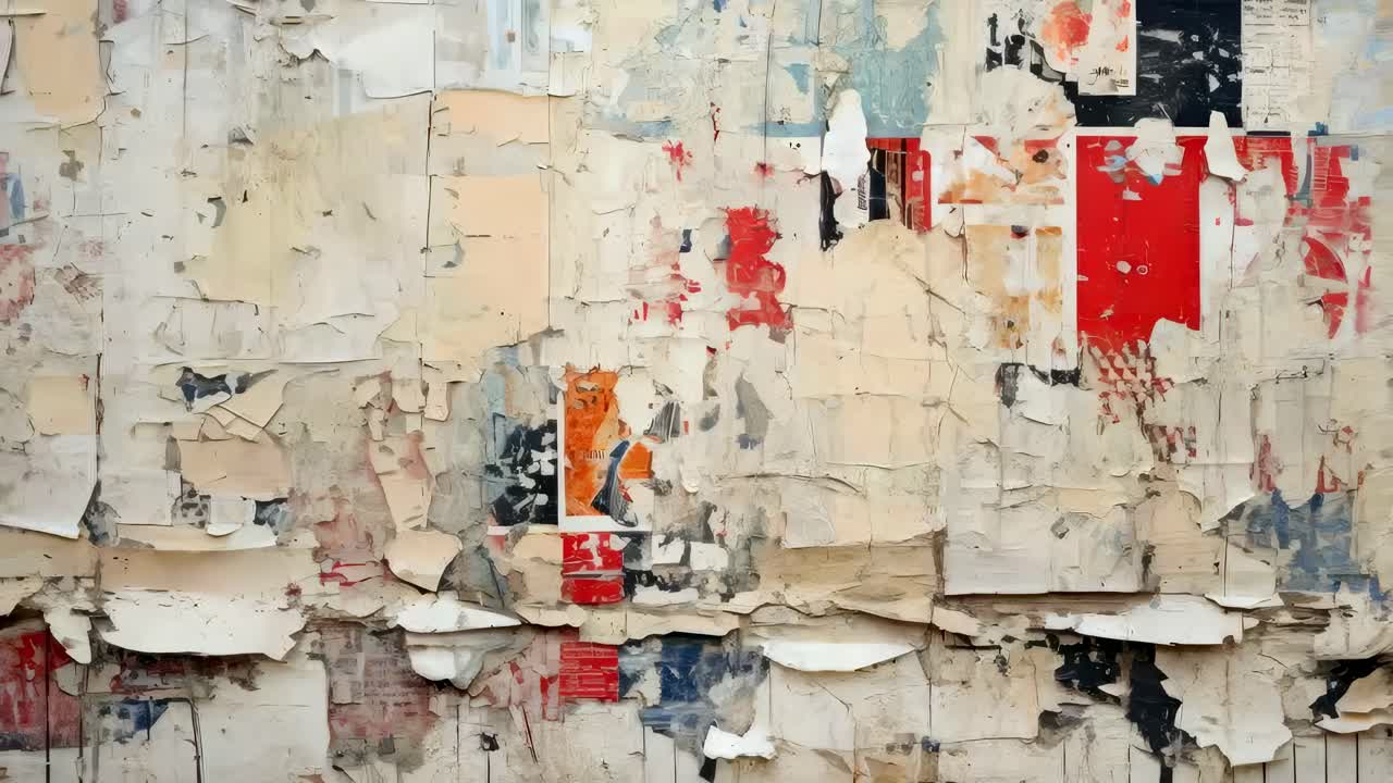 Abstract wall art with peeling layers of paper and paint, captured from a straight-on angle