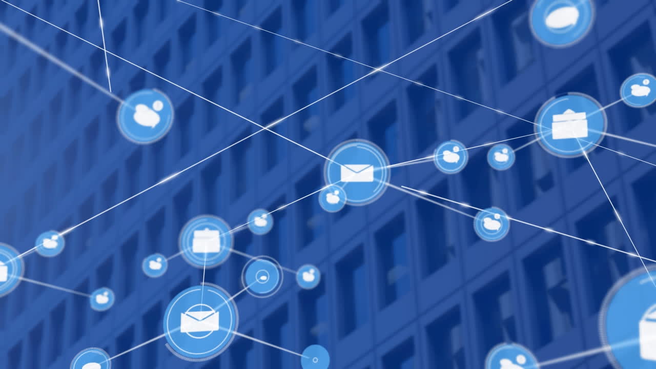 Animation of network of connections with icons over cityscape