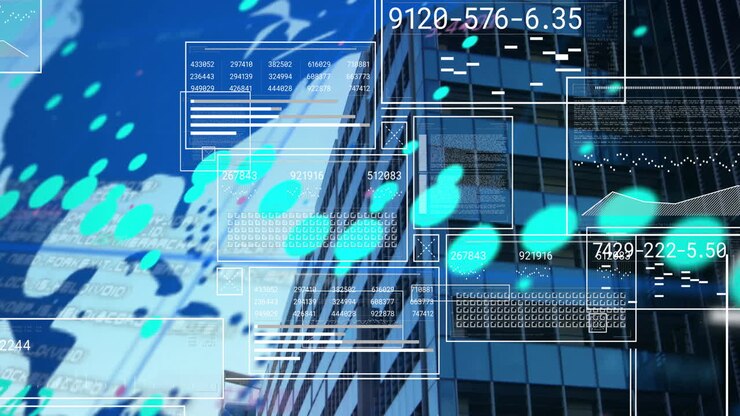 Animation of digital data processing over cityscape background