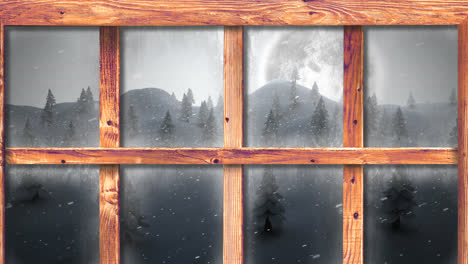 animation of snow falling and christmas winter scenery and moon seen through window