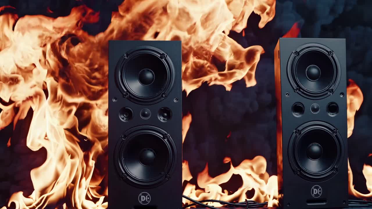 Dynamic video scene with two speakers in front of intense flames