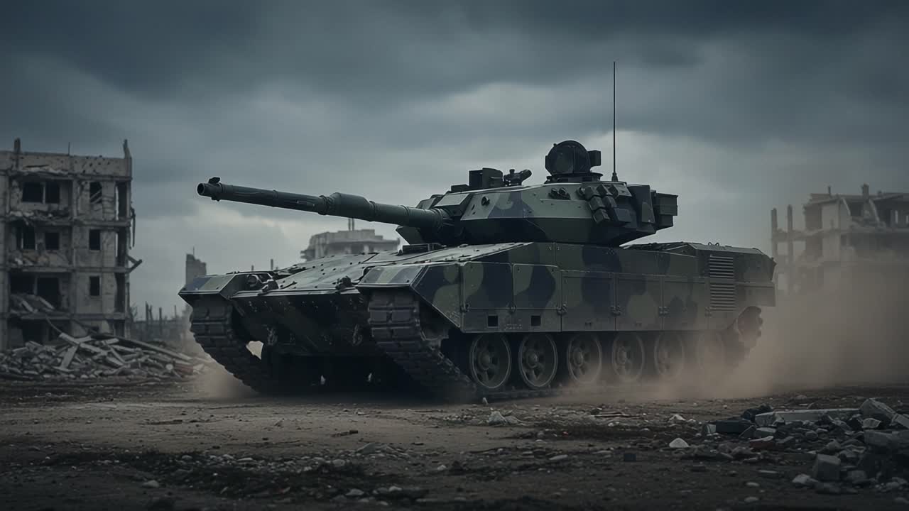 A Powerful Tank Maneuvers Through a Desolate War-Torn Landscape Amidst Ruined Buildings Under a Brooding Sky