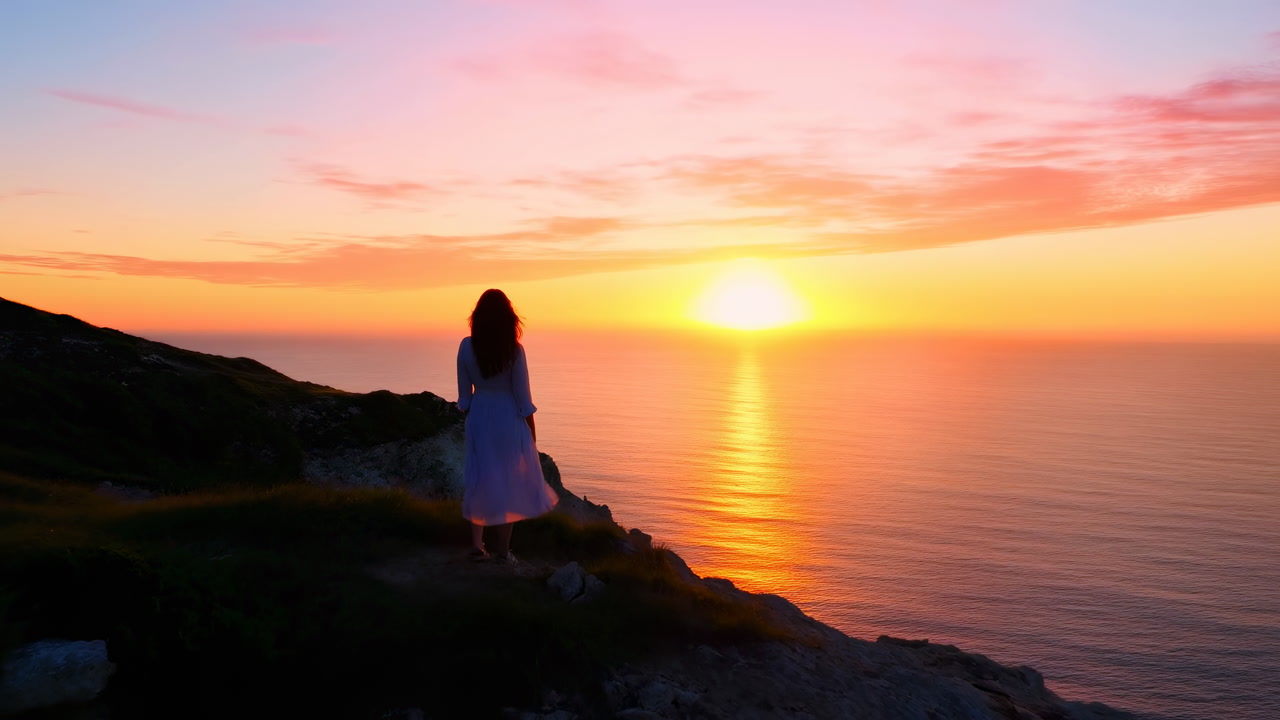 Woman Silhouette Watching Sunset Over Ocean, Perched On Rugged Cliff At Golden Hour With Warm Vibrant Sky