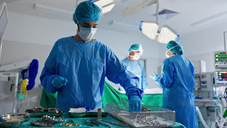 nurse with tools, surgery and team in operating