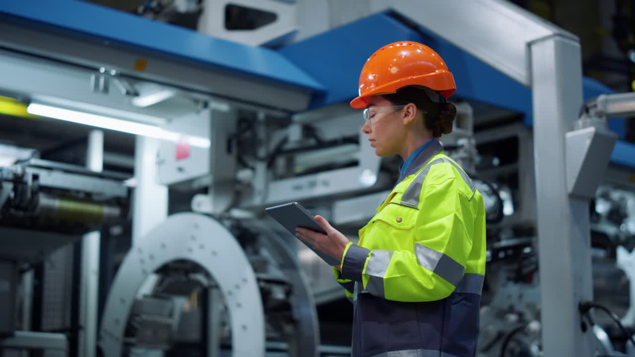 Engineer looking tablet computer in energy company. Modern factory concept.