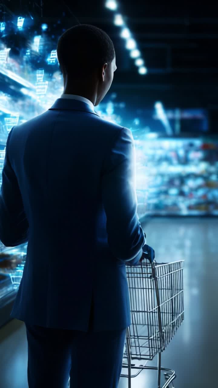 A Businessman in a Suit Standing in a Modern Supermarket Aisle, Holding a Shopping Cart While Analyzing Digital Data Overlaid on Products