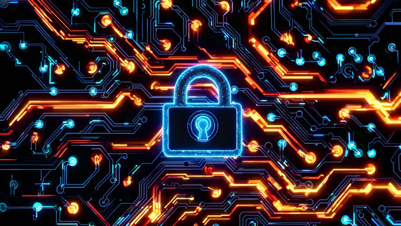 Top-down view of a glowing digital lock on a neon circuit board, symbolizing cybersecurity