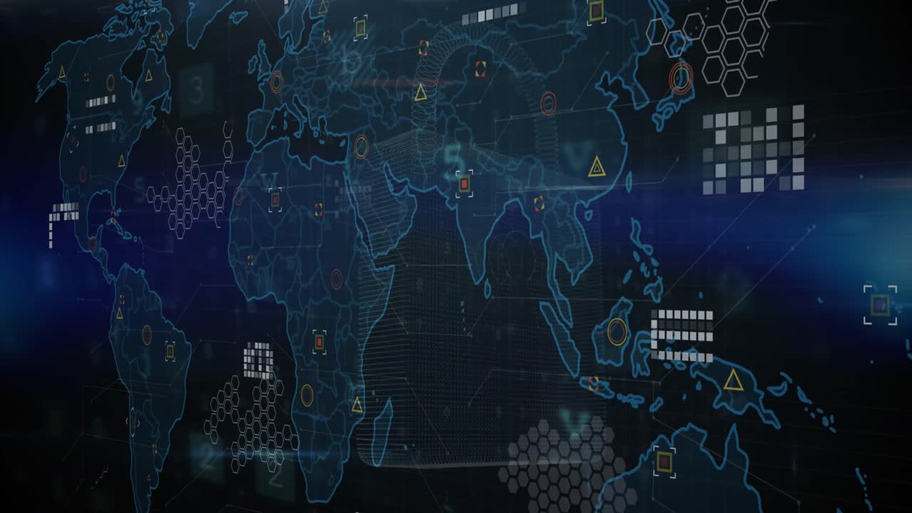 animación del procesamiento de datos financieros y mapa del mundo