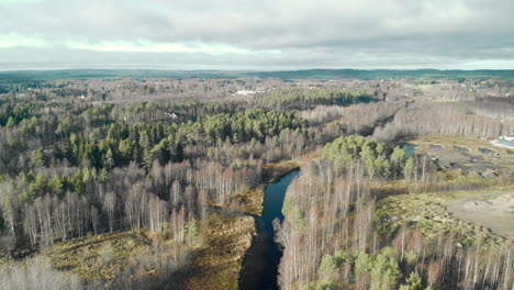 aerial, drone shot, flying towards a river, in a leafless, autumn forest, on a cold, half cloudy, fall day, in juuka, north karelia, finland