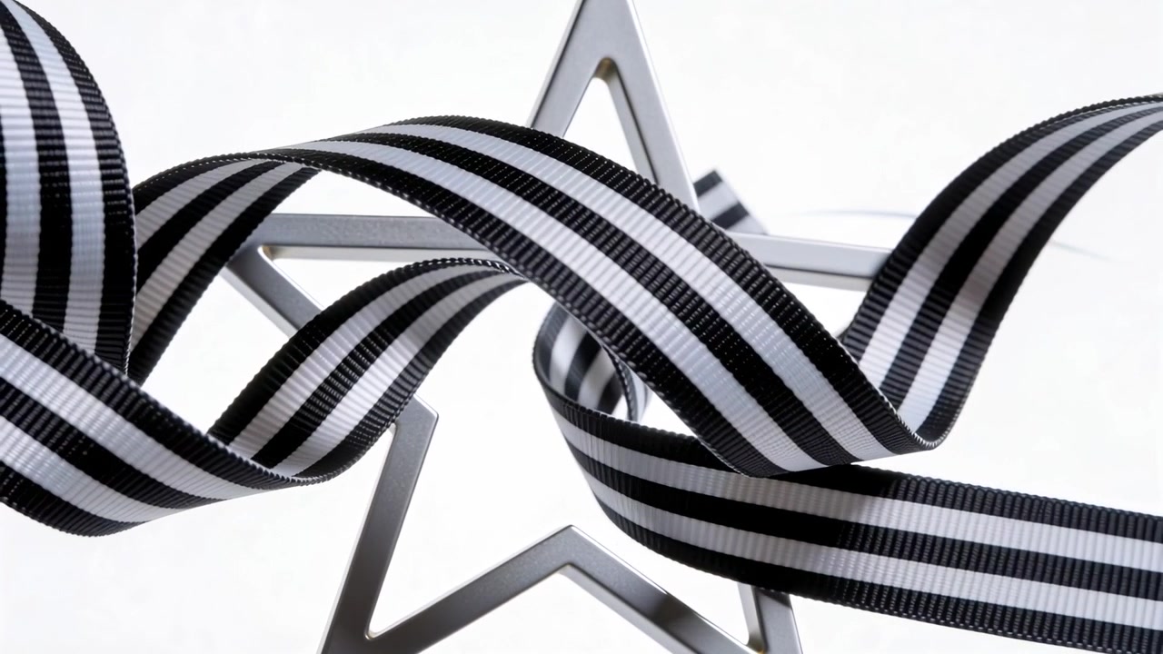 Playback starting black white ribbon looping, twisting, revealing metal star on white backdrop