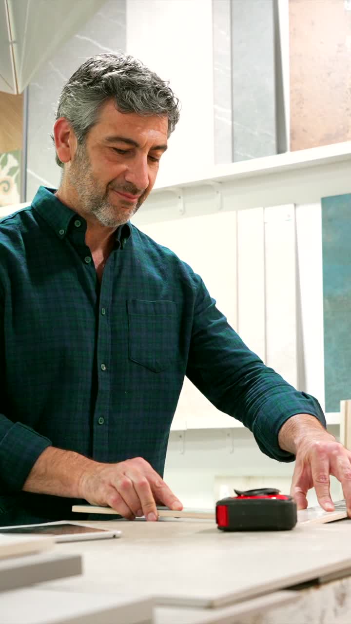 Man measuring tile in a tile store