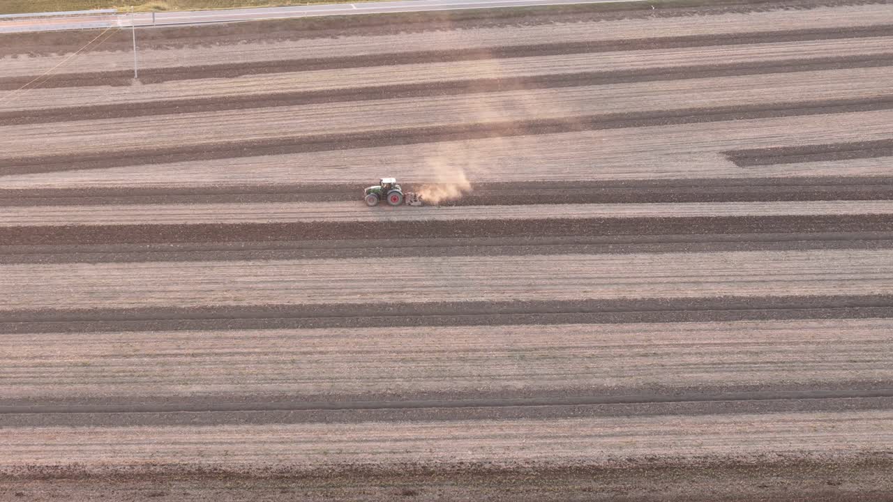 Late-summer agricultural operation in the Po Valley near Piacenza, Italy, where a tractor equipped with a subsoiler or chisel plow is performing deep tillage across a structured field