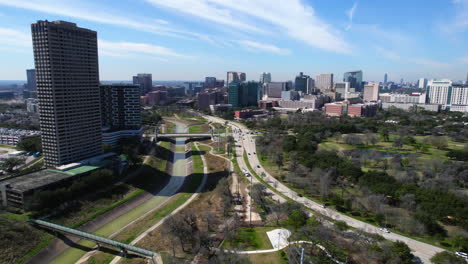 aerial view of hermann park and medical center area buildings in houston, texas usa, drone shot