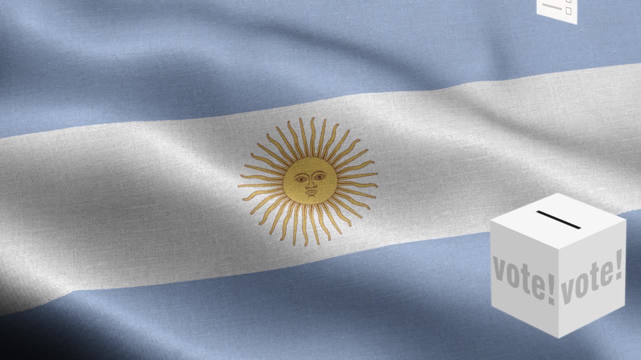 las boletas vuelan a la caja para la selección argentina - caja de votación frente a la bandera - elección - voto - bandera de argentina - bandera argentina de alto detalle - bandera nacional argentina patrón de ondas elementos loopables - textura de tela y bucle sin fin