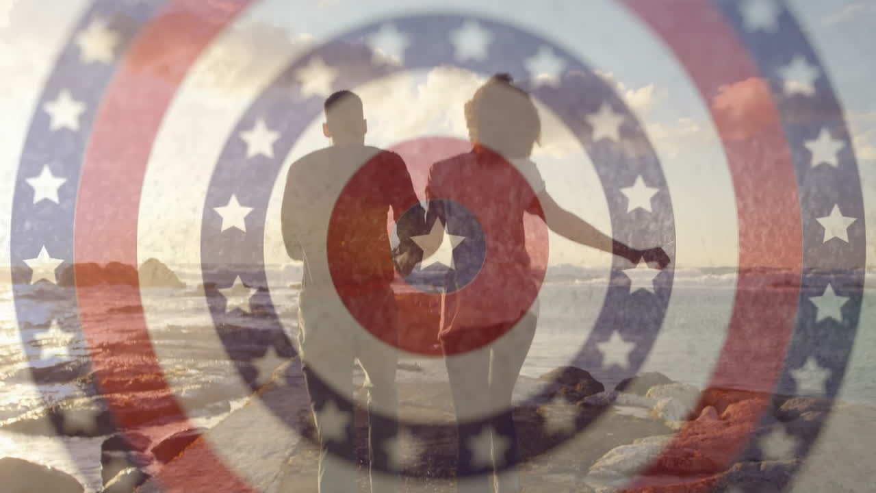 Holding hands on beach, couple walking over American flag pattern with animation