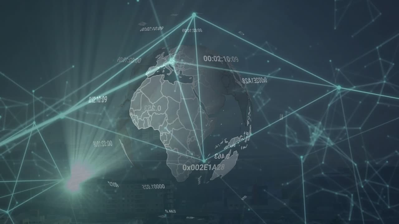 Animation of rotating globe and communication networks on dark background