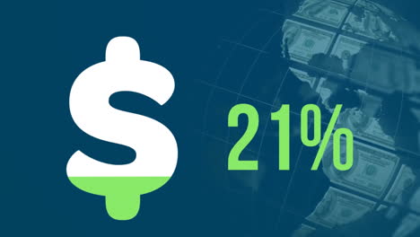 animación del signo de dólar y el porcentaje de llenado sobre el procesamiento de datos financieros