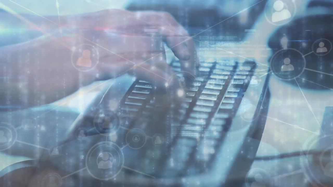 사람 아이콘과 연결 네트워크를 통해 컴퓨터 키보드에 타이핑하는 사람의 애니메이션