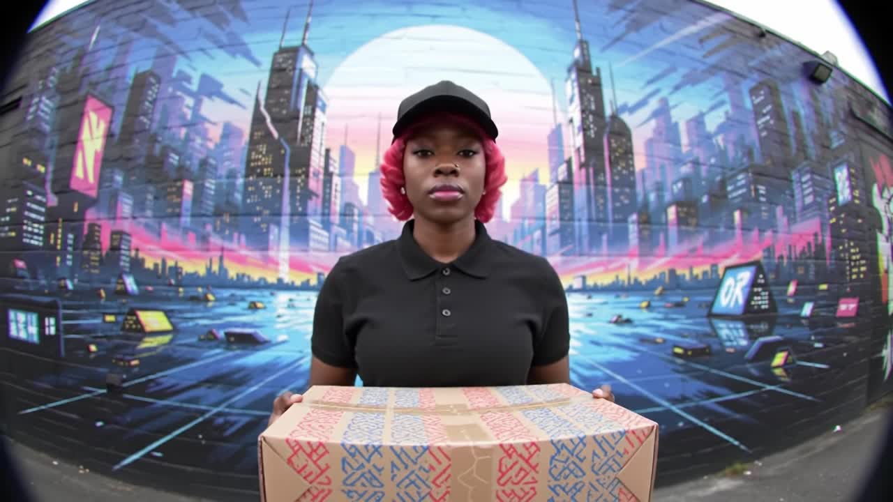 A delivery person stands confidently holding a box in front of a colorful mural depicting a cityscape at night. The vibrant colors create an eye-catching backdrop, showcasing urban art and culture.