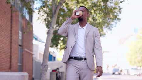 business man, coffee and city walking