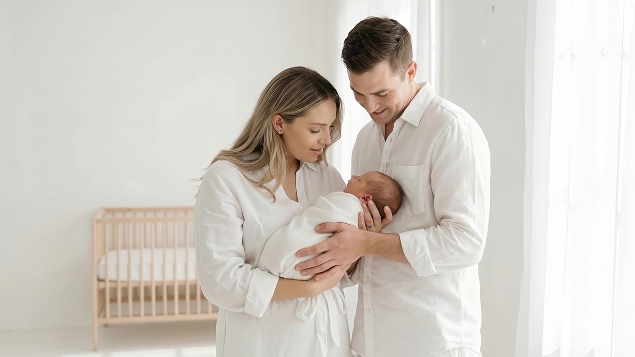Giovani genitori che sorridono e guardano il loro neonato in una luminosa e moderna cameretta bianca.