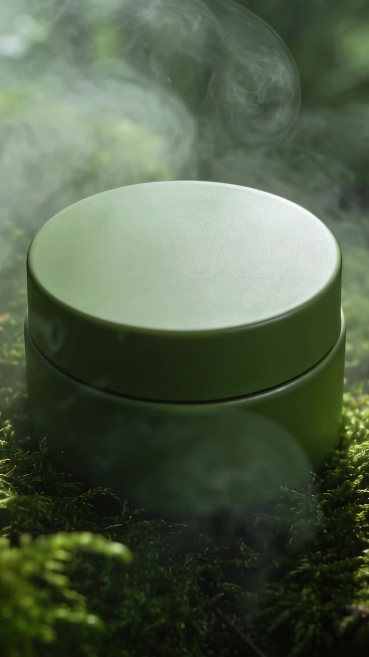 Vidéo verticale: Vapeur montante d'un brumisateur hors champ tourbillonnant autour d'un pot vert mat sur de la mousse, humide.