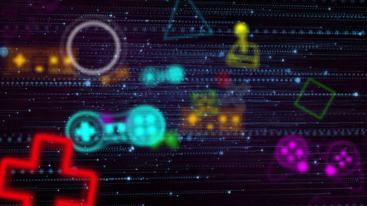 Geometric shapes and gaming icons animation over digital background with binary code