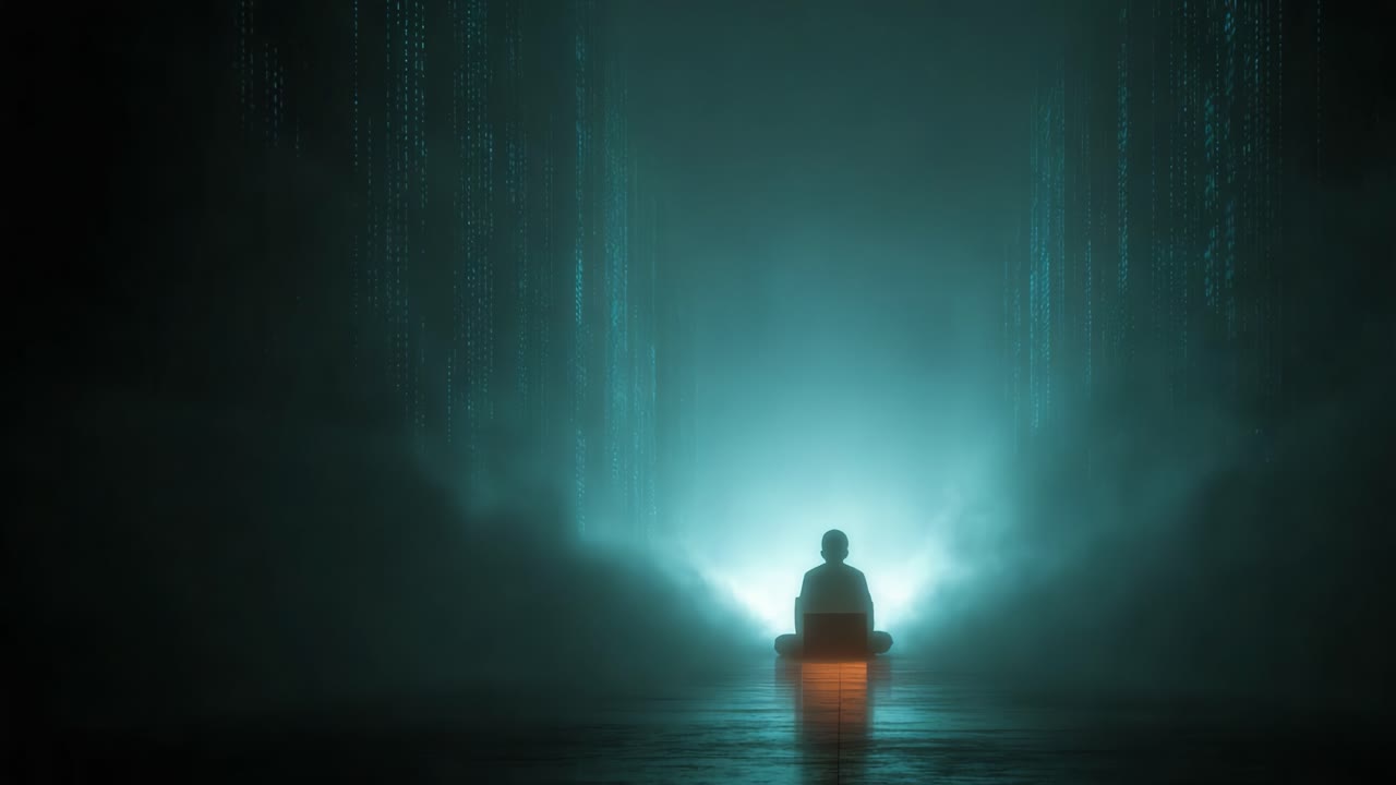 Een rustig figuur mediteert in een surrealistisch digitaal landschap, omringd door stromen gloeiende code en etherisch licht, en verkent de connectie tussen bewustzijn en technologie