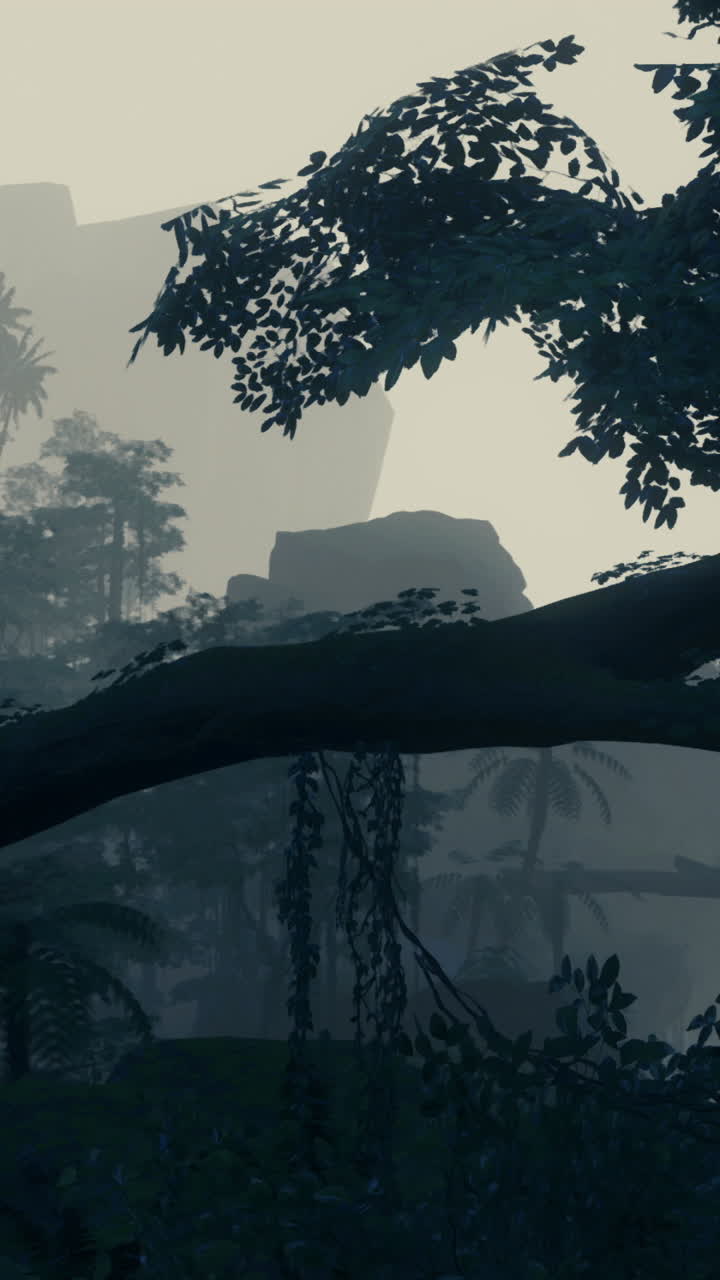 Mysterious jungle landscape enveloped in mist at dawn with silhouettes of trees