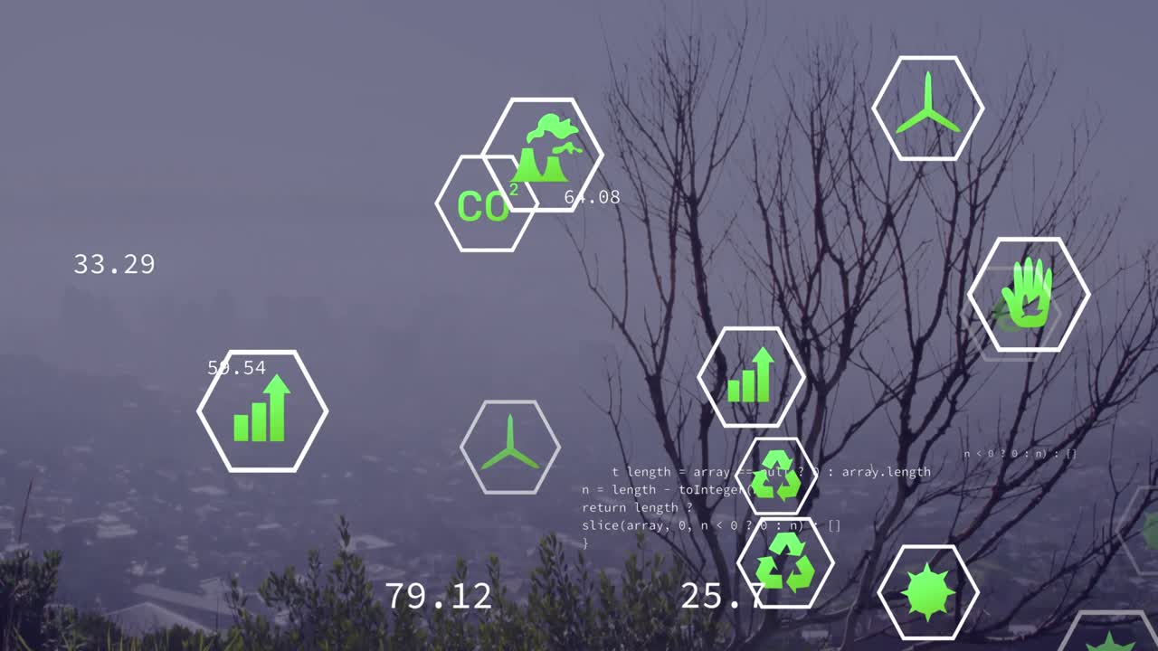 도시 풍경 위의 데이터 처리 및 아이콘의 애니메이션