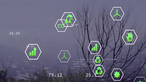animación del procesamiento de datos e iconos sobre el paisaje urbano