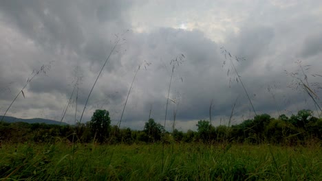 stormy skies dark clouds time lapse in a meadow with trees, forests, and mountains in the background