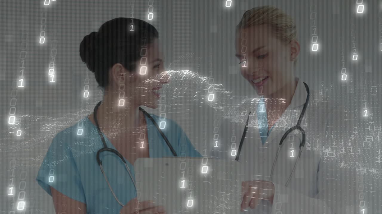 upon binary code streaming nurse holding tablet physician leaning in and exchanging health insights