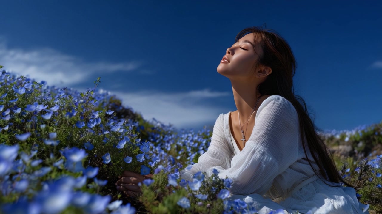 Un momento sereno tra campi di fiori blu: catturare la tranquillità nella bellezza della natura e l'essenza della pace interiore sotto un cielo limpido.