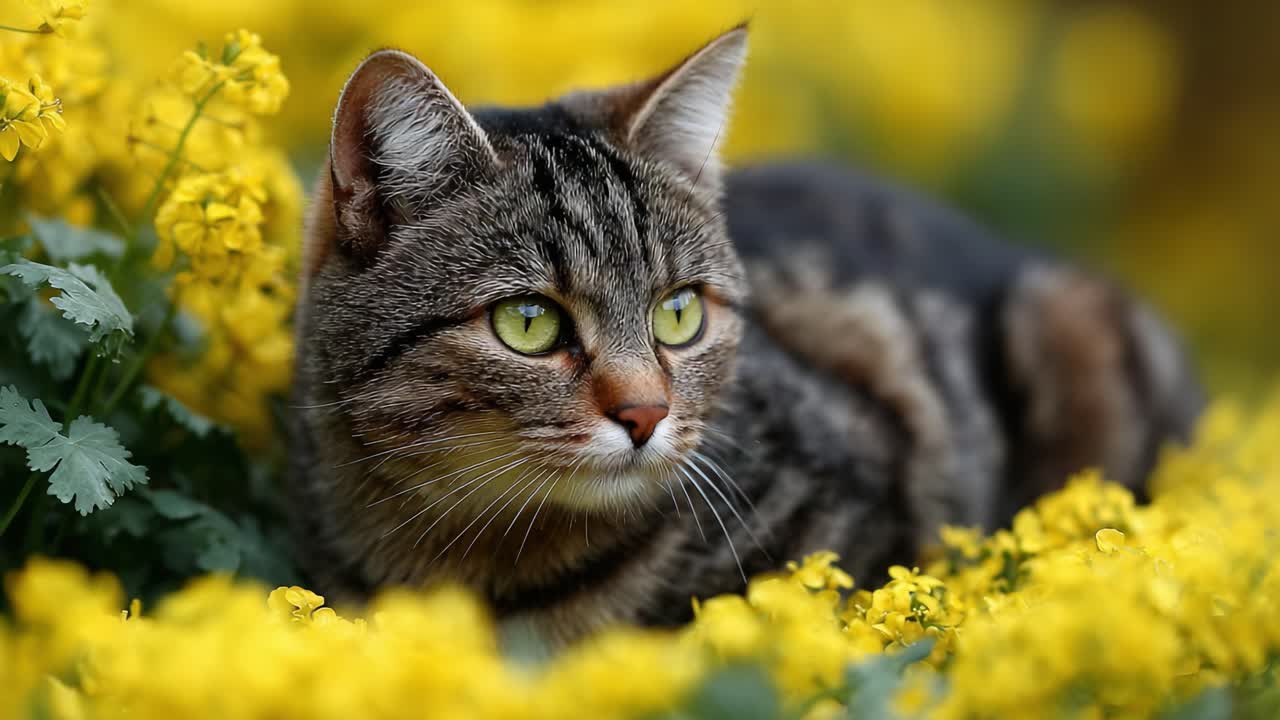 A Strikingly Beautiful Cat with Gleaming Green Eyes Lying Amongst Vibrant Yellow Flowers, Portraying a Scene of Natural Beauty and Serenity
