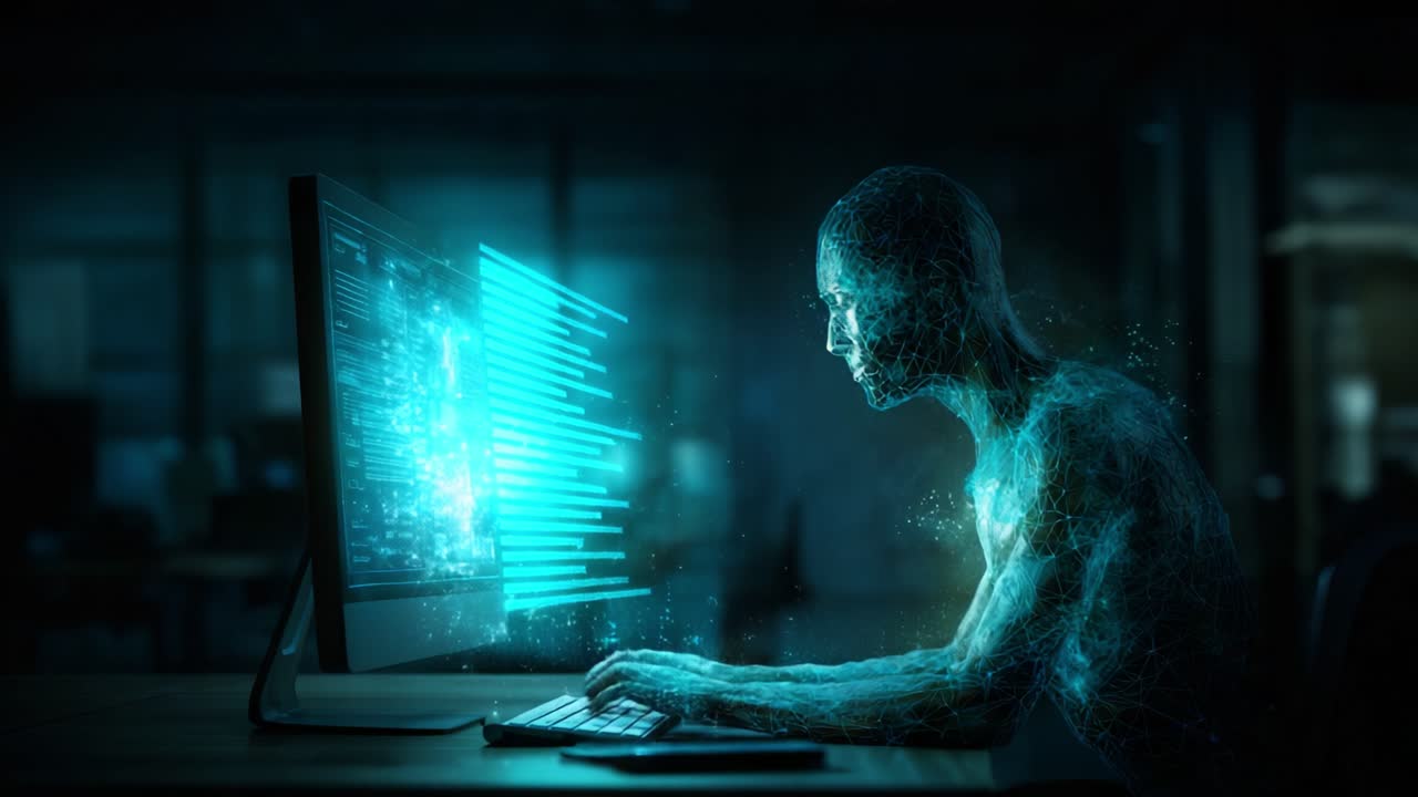 A Virtual Being Interacts with Data on a Computer Screen, Merging Digital Elements and Human-Like Form, Highlighting the Intricacies of Technology and Digital Interaction