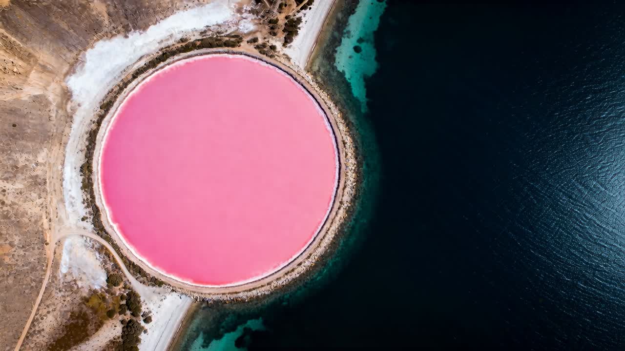 Dairesel pembe bir tuz göletini sola kaydırarak çeken sürüklenen bir drone, beyaz kenarın körfez ile kontrastını gösteriyor.