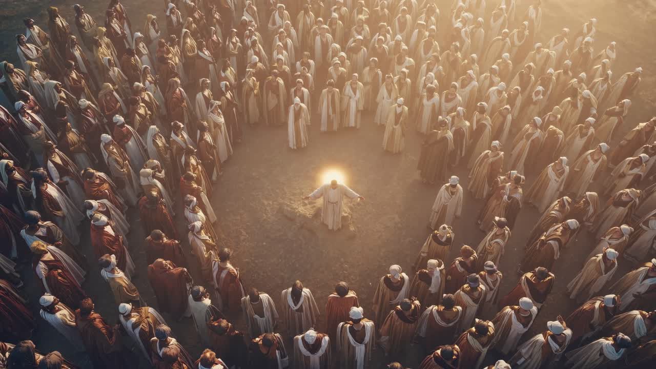 Aerial view of a large group of people in robes forming a circle around a central figure
