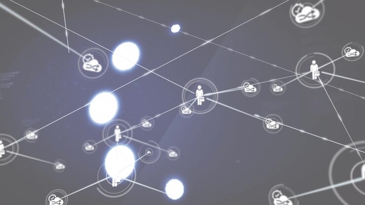 Animation of network of connections with icons on green background
