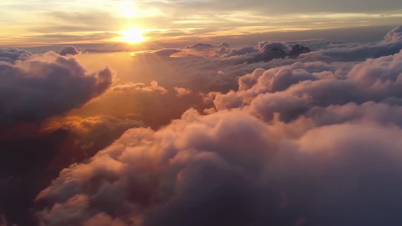 Un video aereo cattura un tramonto mozzafiato sopra nuvole soffici, mostrando una vista serena e panoramica.